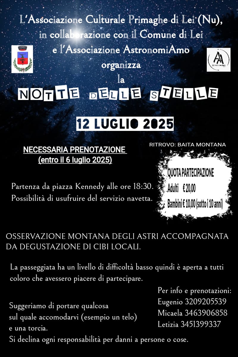 Locandina dell'evento La notte delle stelle 2025 al Comune di Lei